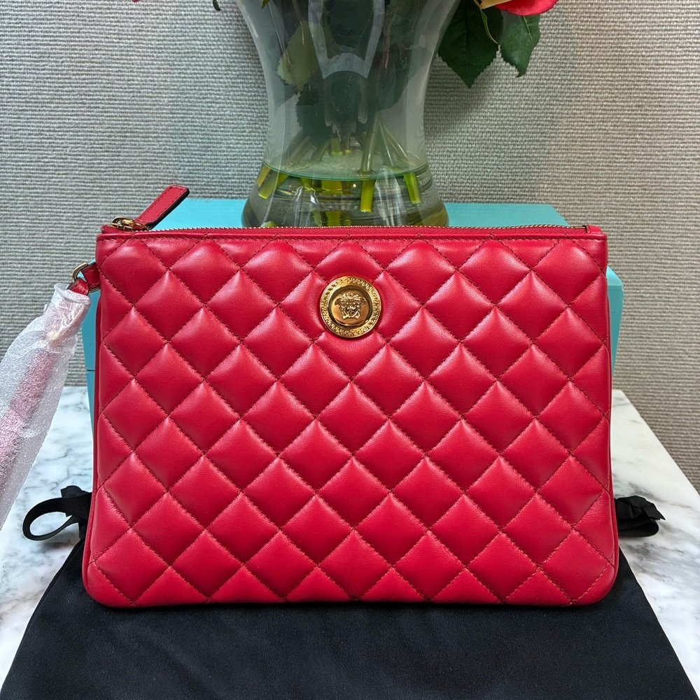 Versace Quilted Lamb Leather Dark Red Large Pouch Clutch - NWT Retail $595